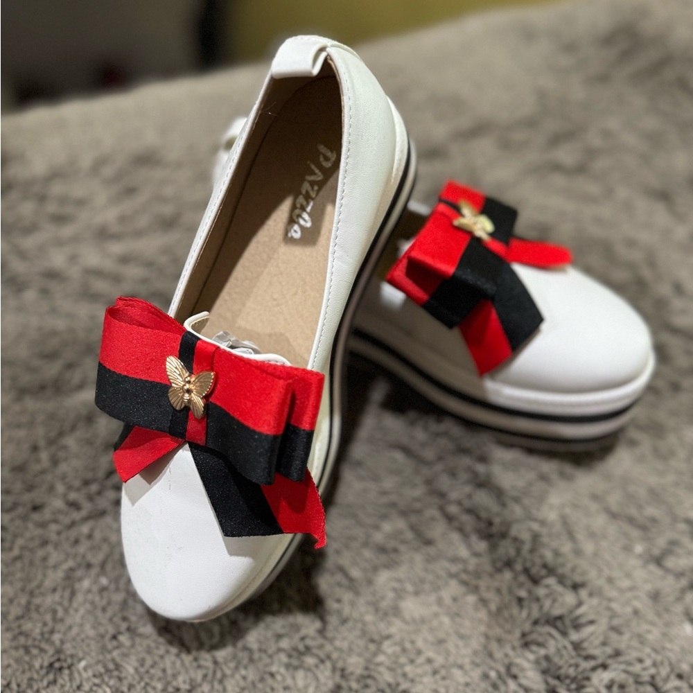 Woman White Shoes with Red and Black Bow